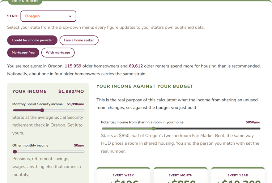 Preview of the household calculator: income from sharing a room measured against a real monthly budget